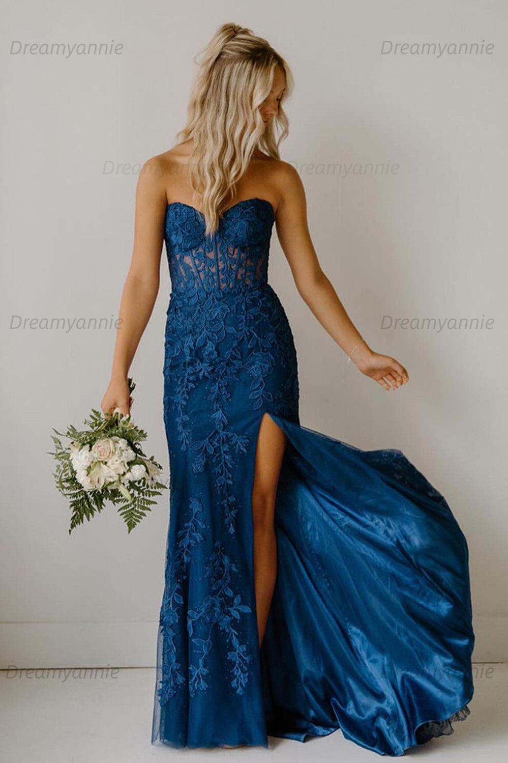 Light Blue Prom Dress Mermaid Sweetheart Corset Long Laced Evening Dress with Slit
