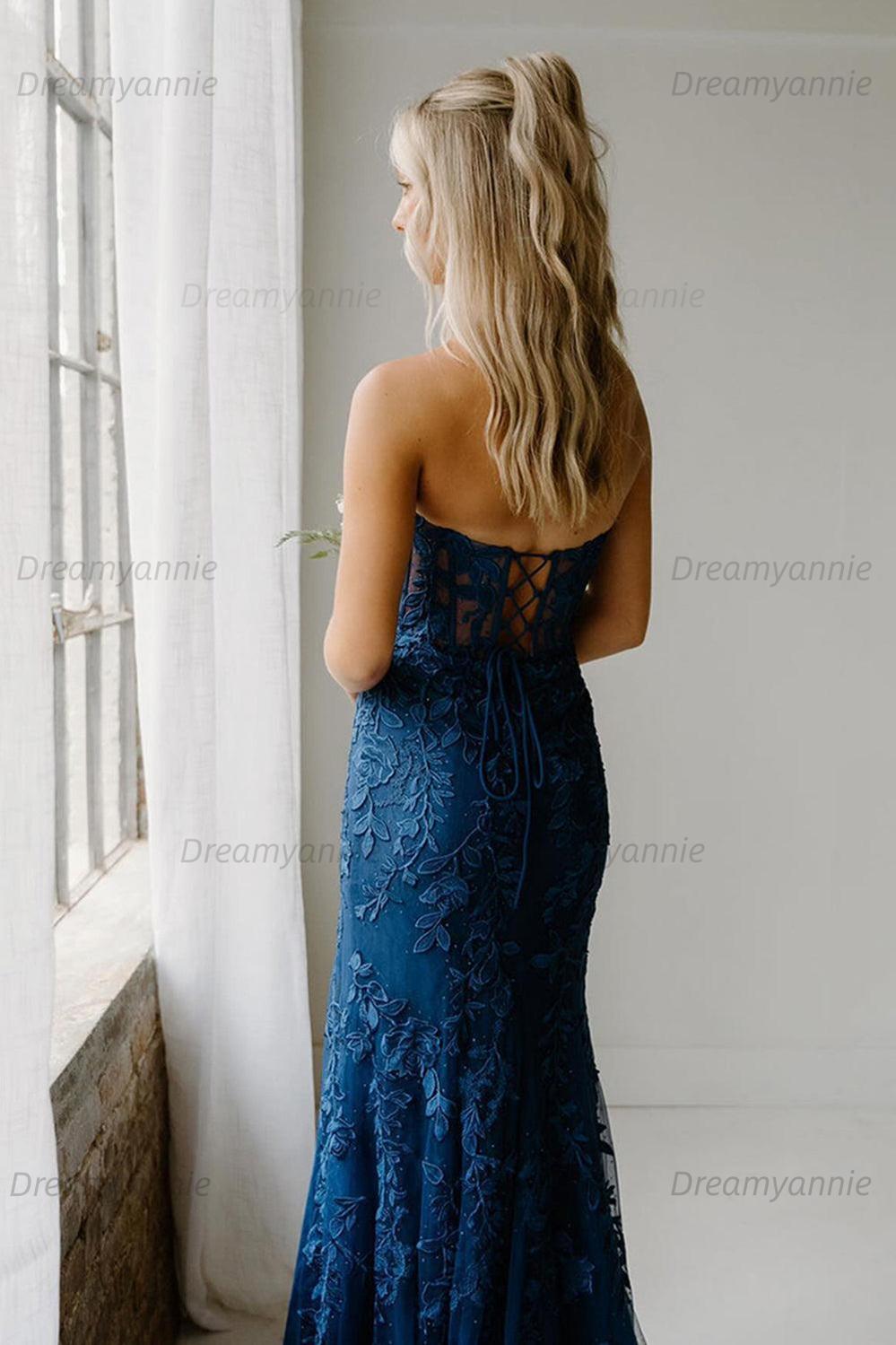 Light Blue Prom Dress Mermaid Sweetheart Corset Long Laced Evening Dress with Slit