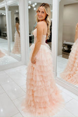 Dreamyannie Pink Prom Dress Tiered A-Line Spaghetti Straps Long Evening Dress