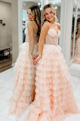 Dreamyannie Pink Prom Dress Tiered A-Line Spaghetti Straps Long Evening Dress