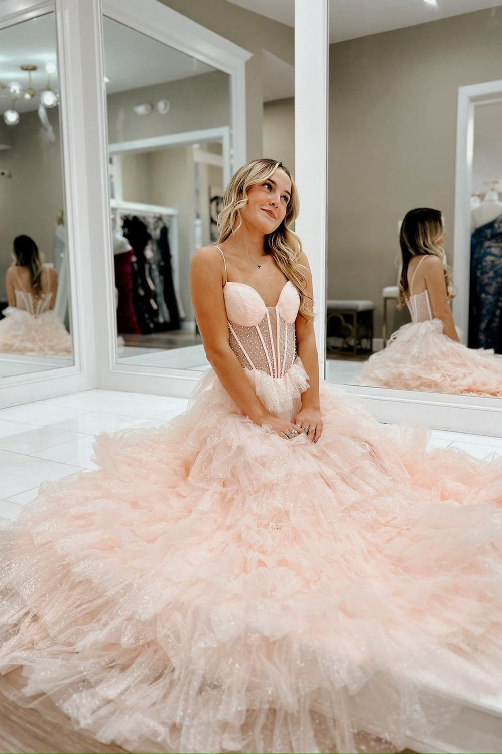 Dreamyannie Pink Prom Dress Tiered A-Line Spaghetti Straps Long Evening Dress