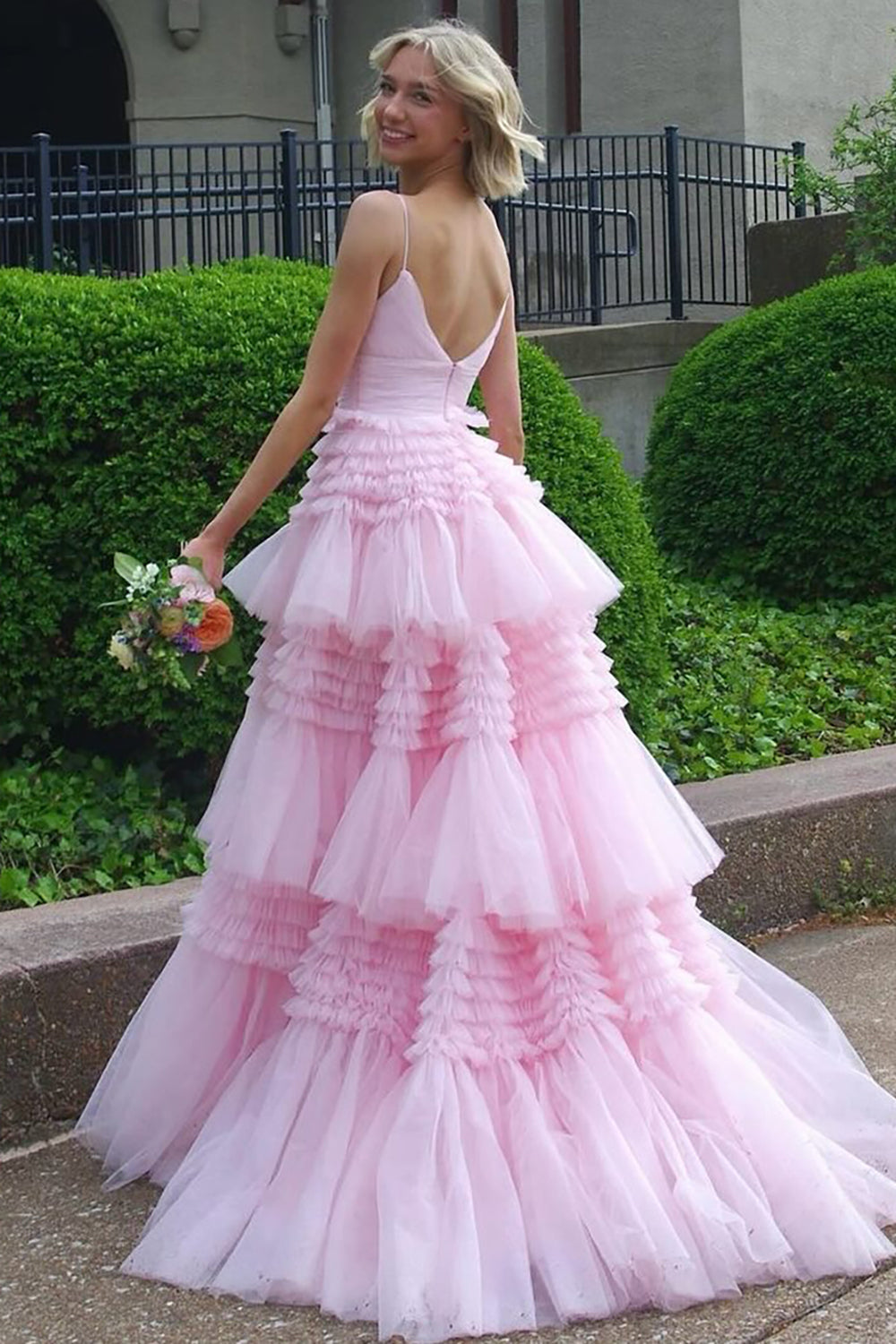 Dreamyannie Pink Prom Dress Tulle Tiered A-Line Spaghetti Straps Long Evening Dress