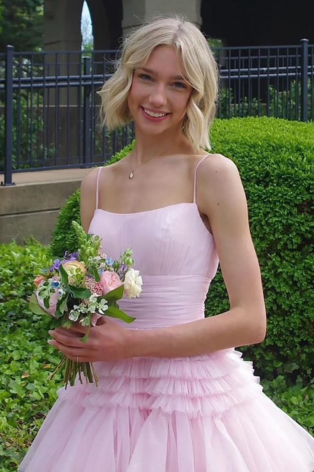 Dreamyannie Pink Prom Dress Tulle Tiered A-Line Spaghetti Straps Long Evening Dress