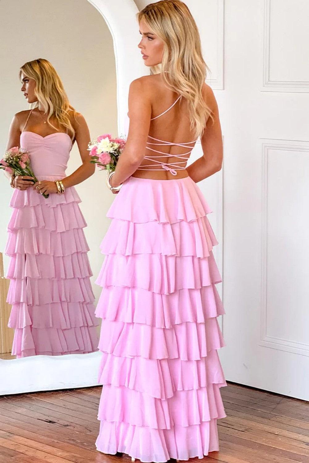 Dreamyannie Pink Ruffle Tiered Spaghetti Straps Lace-Up Back Prom Dress With Slit Formal Evening Gown