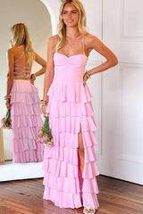 Dreamyannie Pink Ruffle Tiered Spaghetti Straps Lace-Up Back Prom Dress With Slit Formal Evening Gown