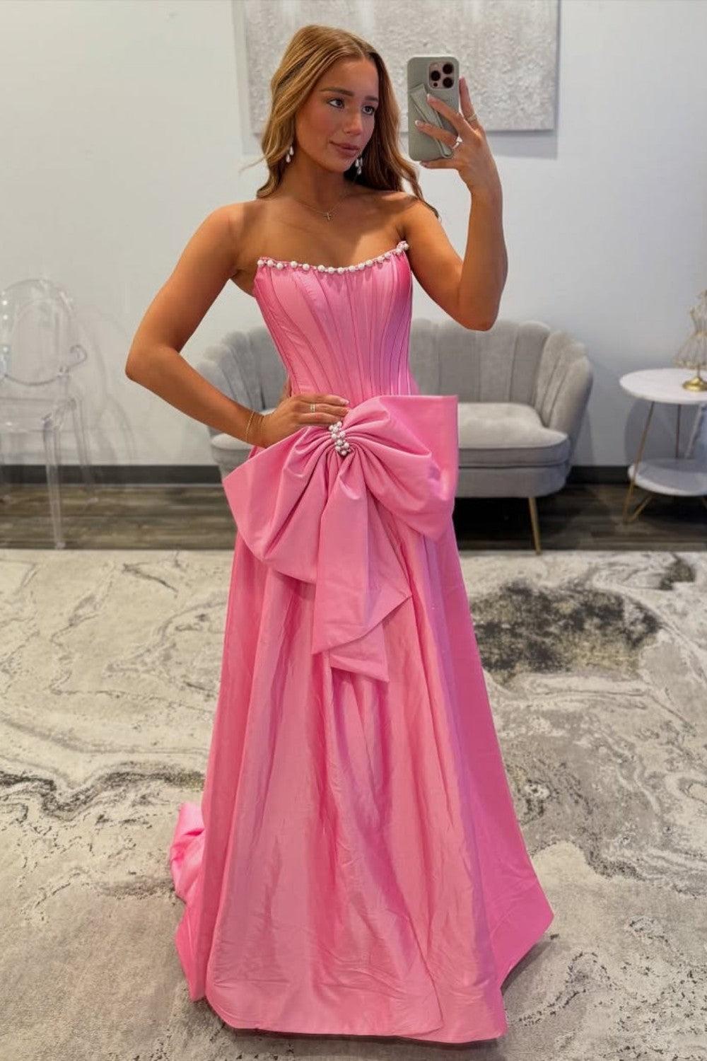 Dreamyannie Pink Satin Corset Prom Dress With Neckline Pearl Trim & Oversized Bow Formal Evening Gown