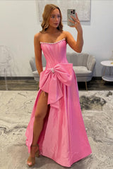 Dreamyannie Pink Satin Corset Prom Dress With Neckline Pearl Trim & Oversized Bow Formal Evening Gown