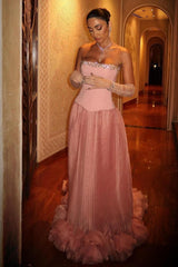 Dreamyannie Pink Strapless Corset Prom Dress With Beaded Bodice And Tulle Skirt Formal Evening Gown