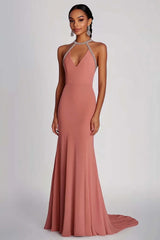 Dreamyannie Pink Wedding Guest Dress Halter Neck Sheath Long Formal Dress With Beading