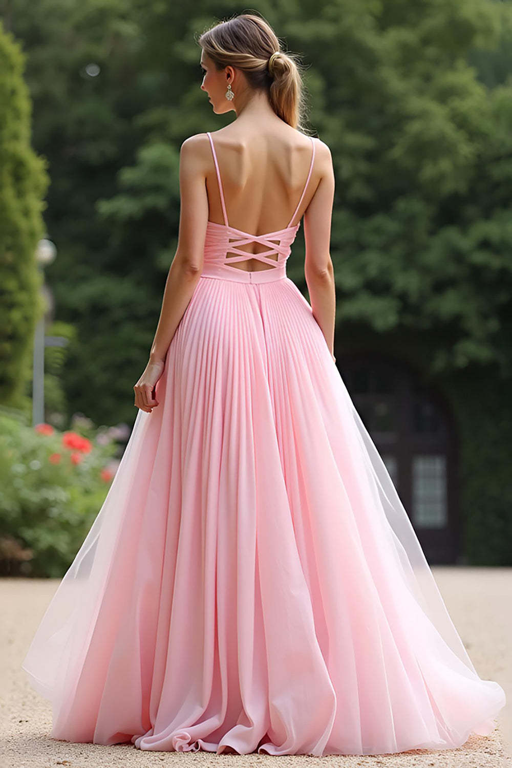 Dreamyannie Pink Wedding Guest Dress V-Neck A Line Ruched Long Formal Dress