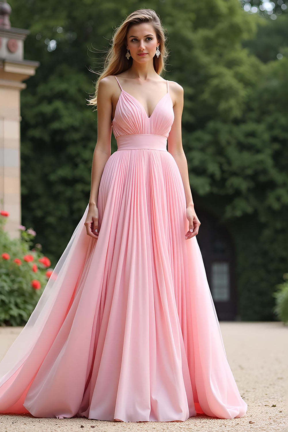 Dreamyannie Pink Wedding Guest Dress V-Neck A Line Ruched Long Formal Dress