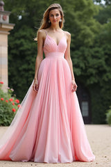 Dreamyannie Pink Wedding Guest Dress V-Neck A Line Ruched Long Formal Dress