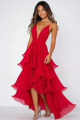 Dreamyannie Pleated Long Red Wedding Guest Dress V-Neck Chiffon Formal Dress