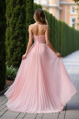 Dreamyannie Pleated Sweetheart A Line Pink Wedding Guest Dress Long Formal Dress