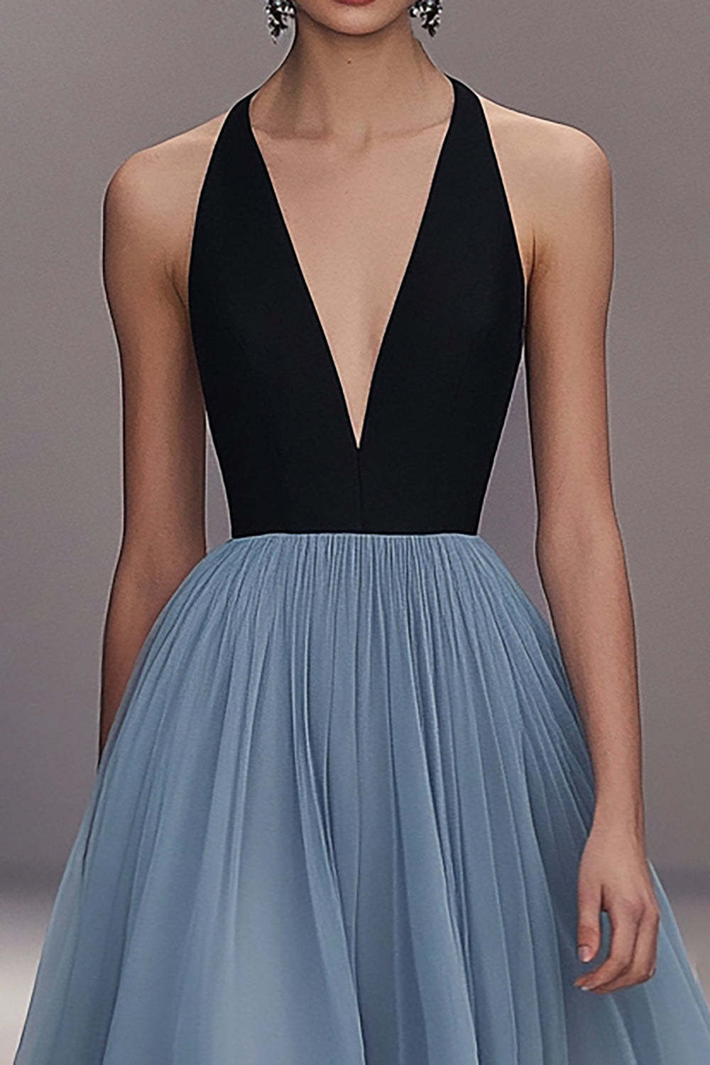 Dreamyannie Pleated Tulle V Neck Black Blue Wedding Guest Dress Long Formal Dress