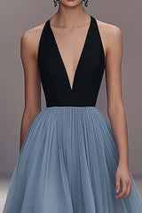 Dreamyannie Pleated Tulle V Neck Black Blue Wedding Guest Dress Long Formal Dress