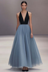 Dreamyannie Pleated Tulle V Neck Black Blue Wedding Guest Dress Long Formal Dress