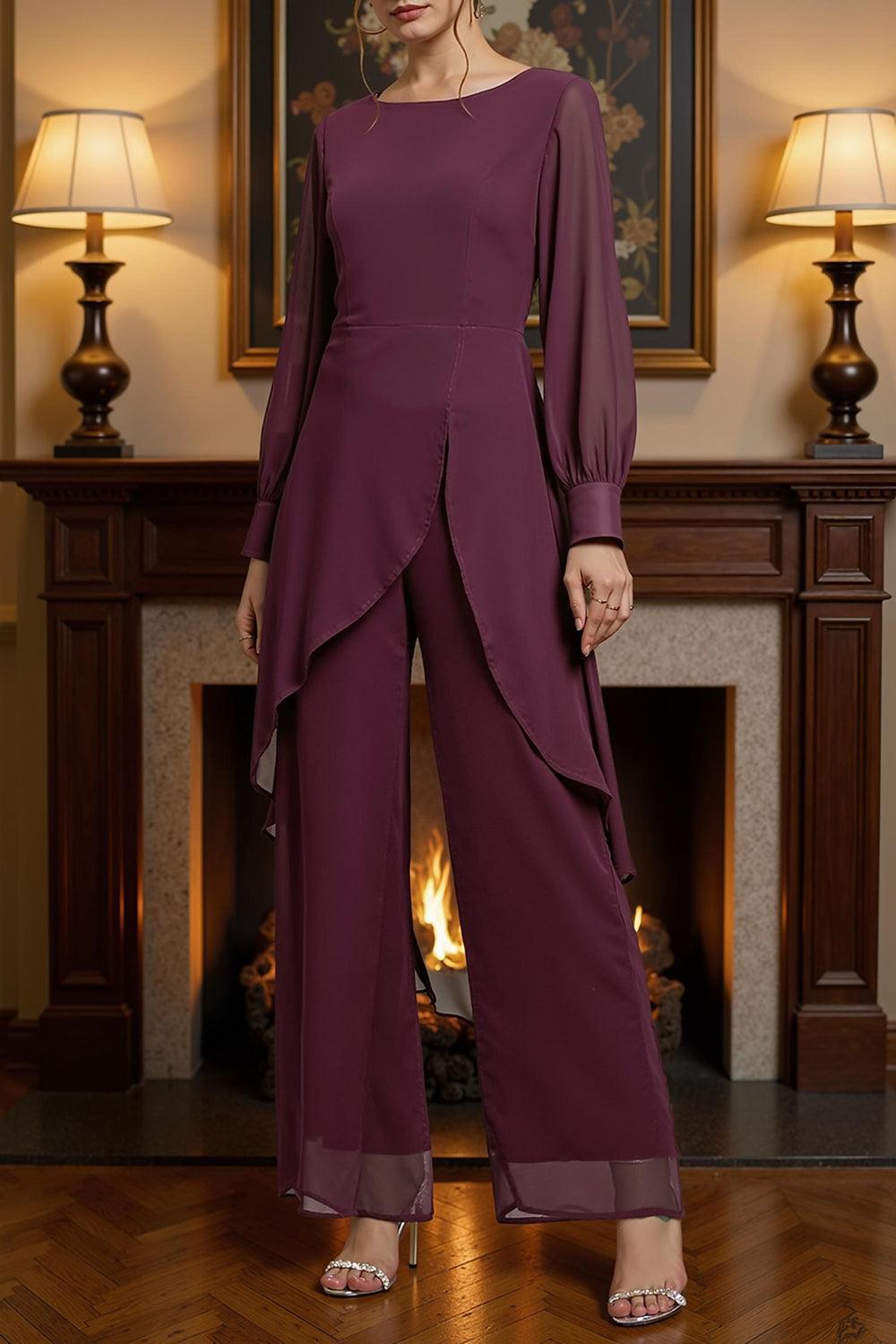 Dreamyannie Plum Chiffon Boat Neck 2 Piece Mother Of The Bride Pant Suits