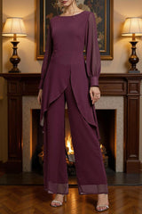 Dreamyannie Plum Chiffon Boat Neck 2 Piece Mother Of The Bride Pant Suits