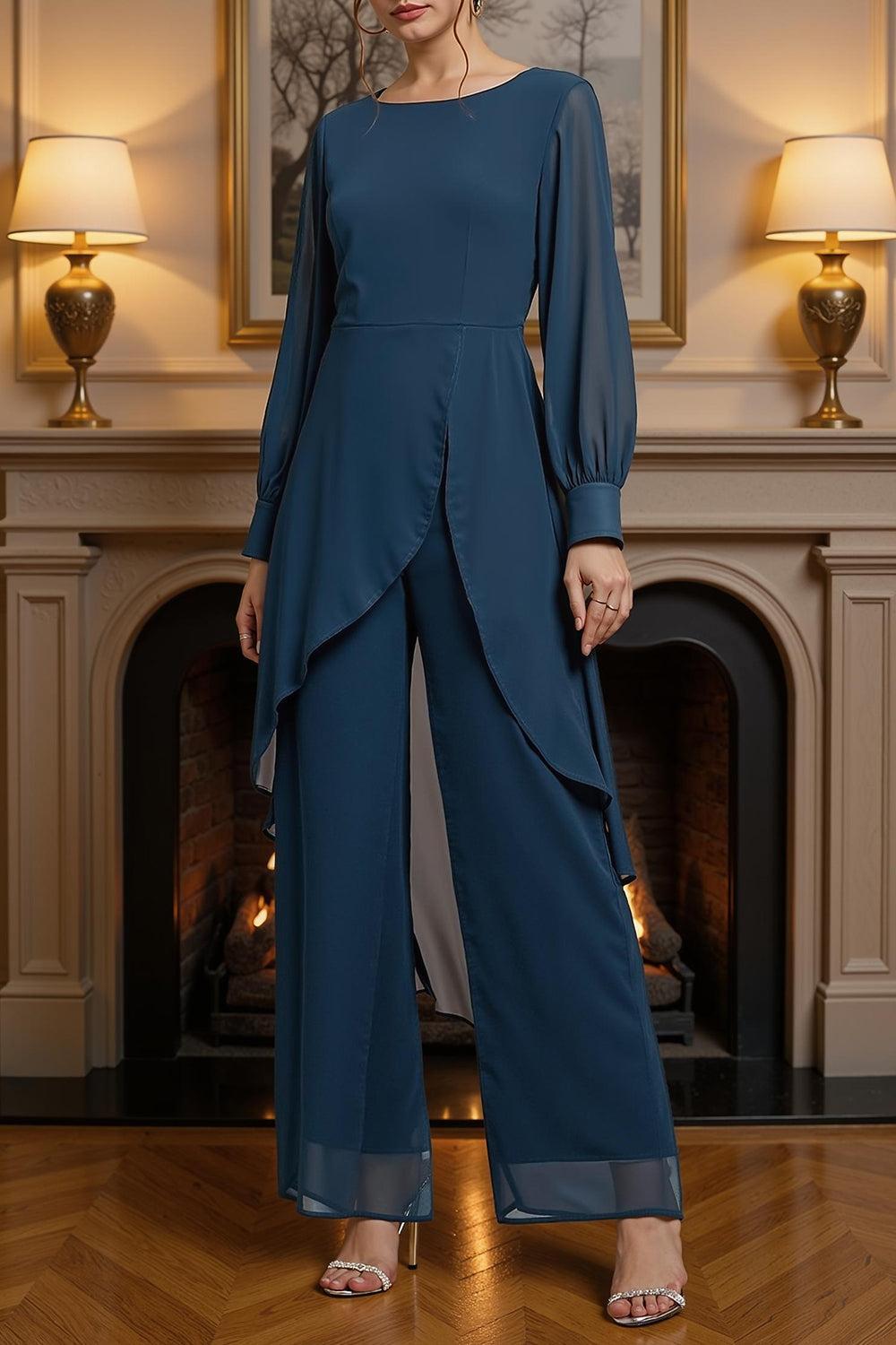 Dreamyannie Plum Chiffon Boat Neck 2 Piece Mother Of The Bride Pant Suits