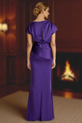 Dreamyannie Plum Satin Sheath Floor Length Mother Of The Bride Dress With Sleeves