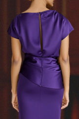 Dreamyannie Plum Satin Sheath Floor Length Mother Of The Bride Dress With Sleeves
