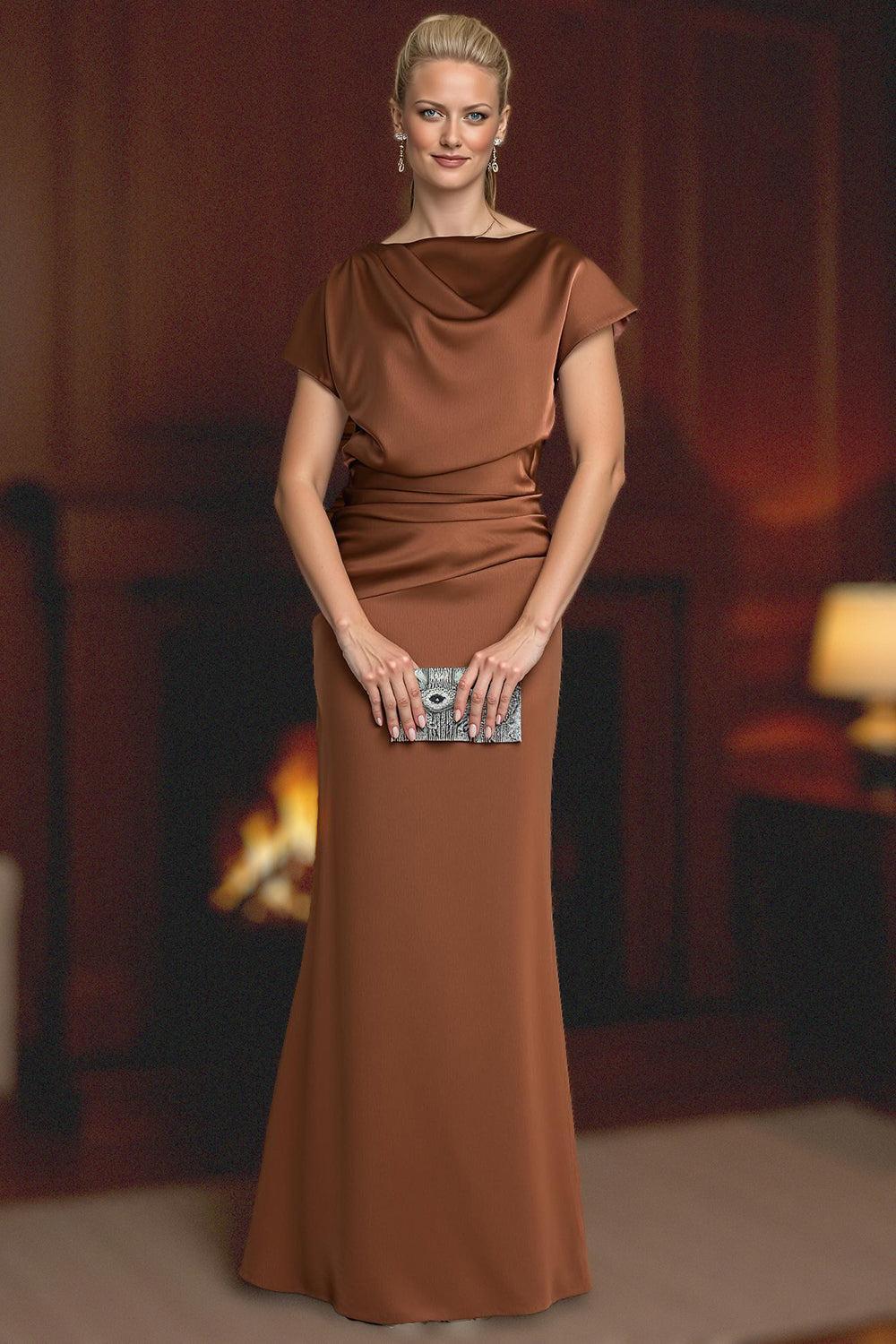 Dreamyannie Plum Satin Sheath Floor Length Mother Of The Bride Dress With Sleeves