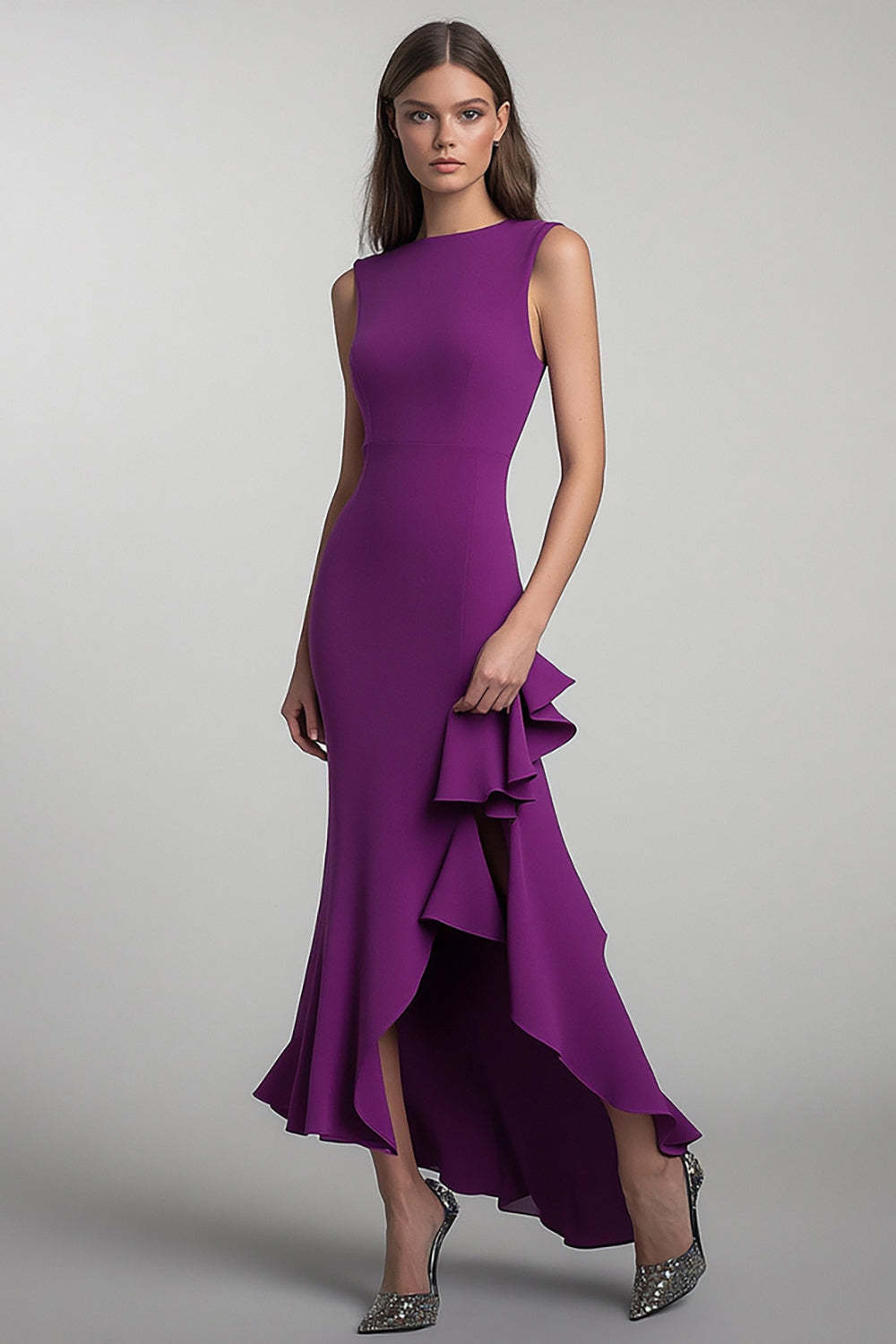 Dreamyannie Plum Sheath Round Neck Long Formal Dress