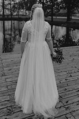 Dreamyannie Plus Size Beach Wedding Dress Half Sleeve A Line Lace Bridal Gown