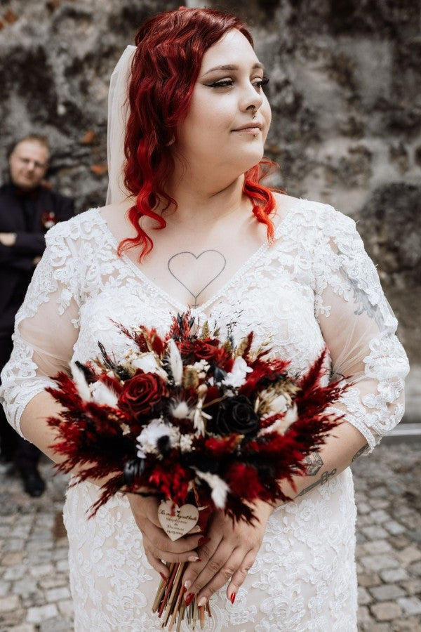 Dreamyannie Plus Size Wedding Dress 3/4 Sleeve Tulle Mermaid Bridal Gown with Lace Appliques