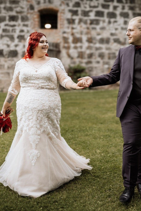 Dreamyannie Plus Size Wedding Dress 3/4 Sleeve Tulle Mermaid Bridal Gown with Lace Appliques