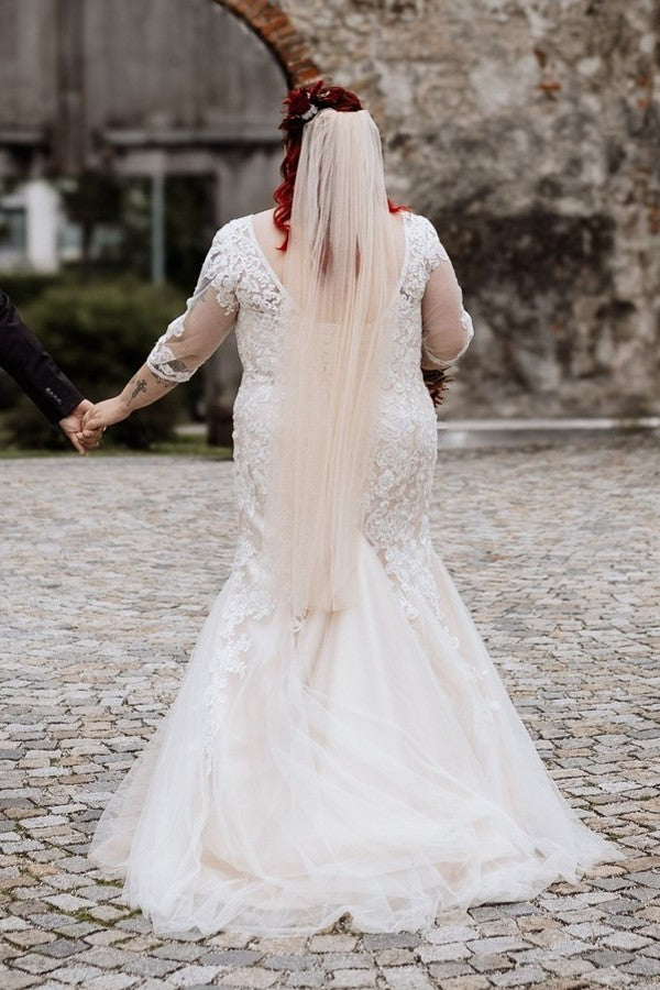 Dreamyannie Plus Size Wedding Dress 3/4 Sleeve Tulle Mermaid Bridal Gown with Lace Appliques
