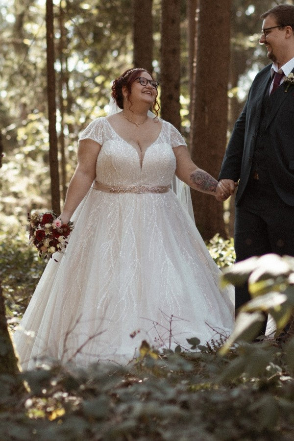 Dreamyannie Plus Size Wedding Dress V Neck Sparkly Cap Sleeve A Line Bridal Gown