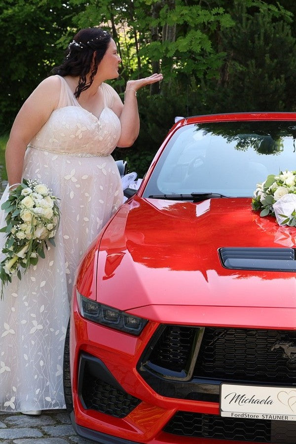 Dreamyannie Plus Size Wedding Dresses V Neck A Line Tulle Lace Bridal Gowns