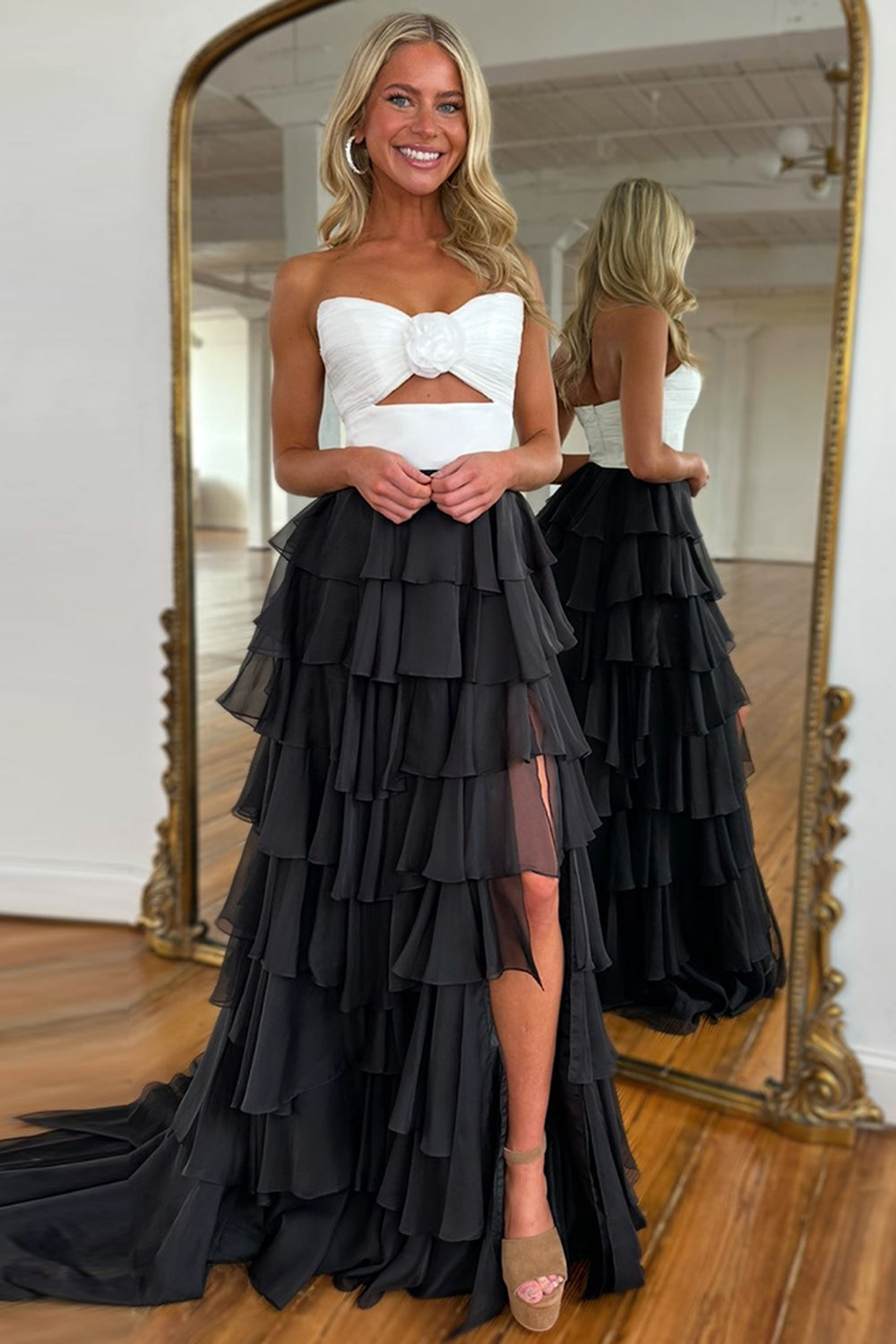 Dreamyannie Princess Blush Prom Dress Sweetheart Ruffled Long Formal Dress With Slit