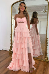 Dreamyannie Princess Blush Prom Dress Sweetheart Ruffled Long Formal Dress With Slit