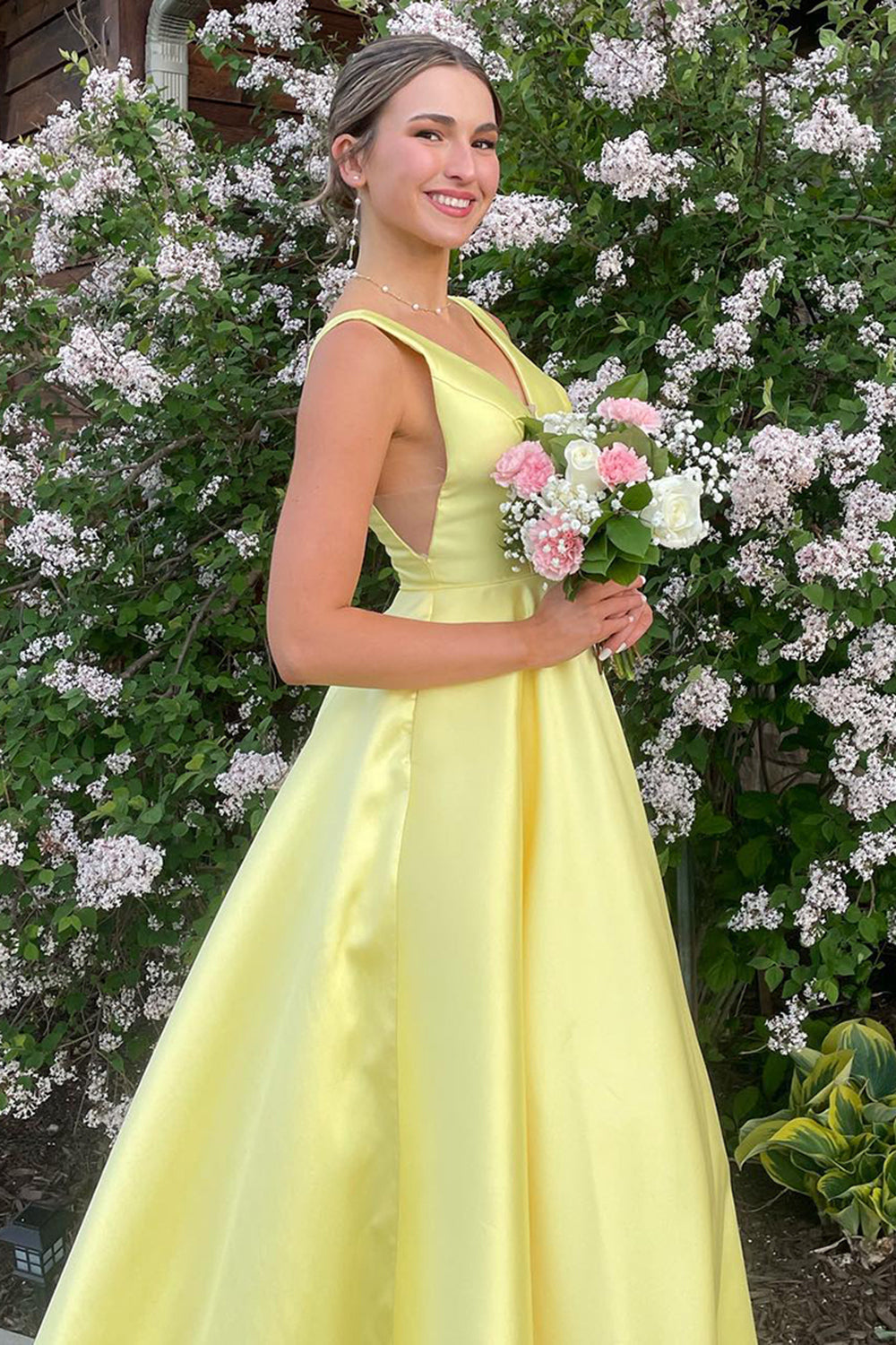 Dreamyannie Princess Yellow Prom Dress Satin A Line Long Formal Dress