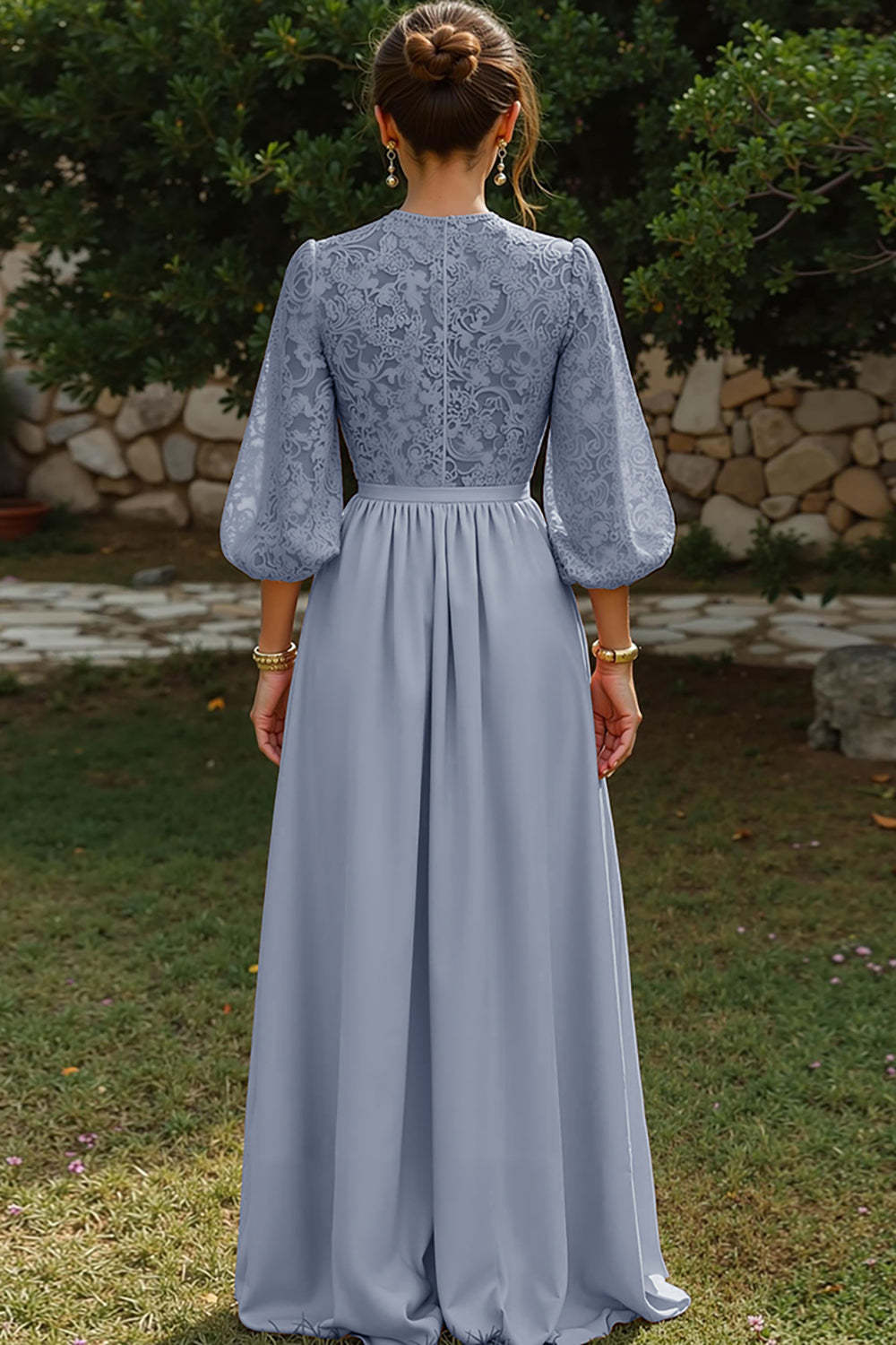 Dreamyannie Puff Sleeves Dusty Blue Lace A Line Keyhole Long Mother Of The Bride Dress