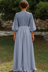 Dreamyannie Puff Sleeves Dusty Blue Lace A Line Keyhole Long Mother Of The Bride Dress