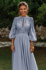 Dreamyannie Puff Sleeves Dusty Blue Lace A Line Keyhole Long Mother Of The Bride Dress