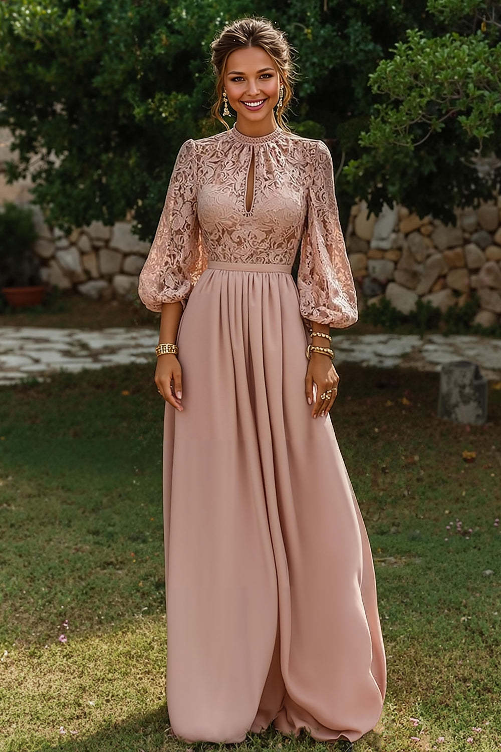 Dreamyannie Puff Sleeves Dusty Blue Lace A Line Keyhole Long Mother Of The Bride Dress
