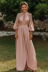 Dreamyannie Puff Sleeves Dusty Blue Lace A Line Keyhole Long Mother Of The Bride Dress