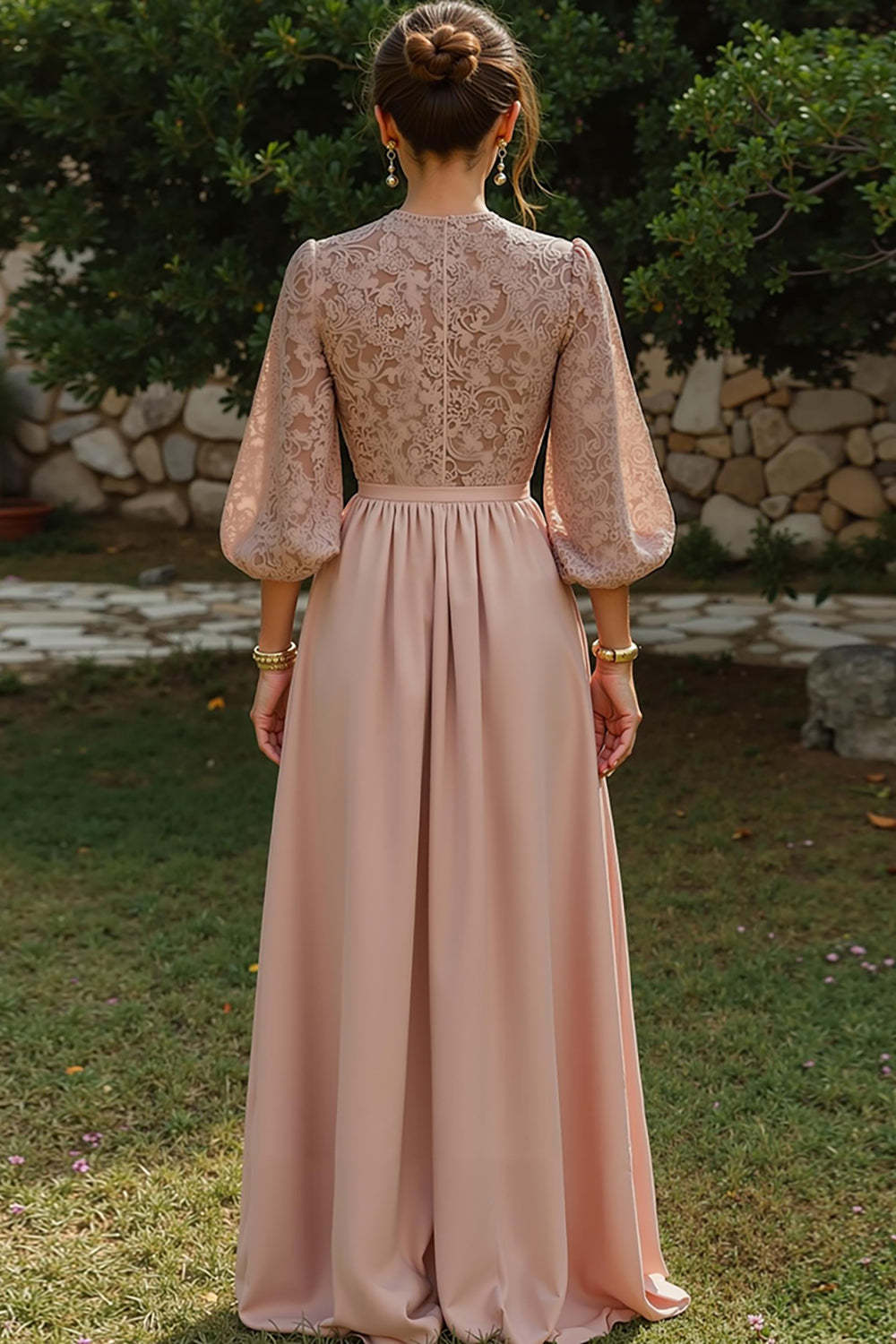 Dreamyannie Puff Sleeves Dusty Blue Lace A Line Keyhole Long Mother Of The Bride Dress