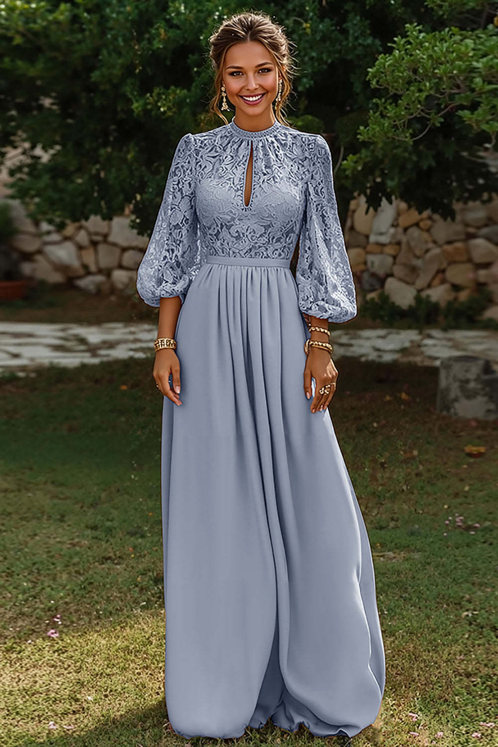 Dreamyannie Puff Sleeves Dusty Blue Lace A Line Keyhole Long Mother Of The Bride Dress