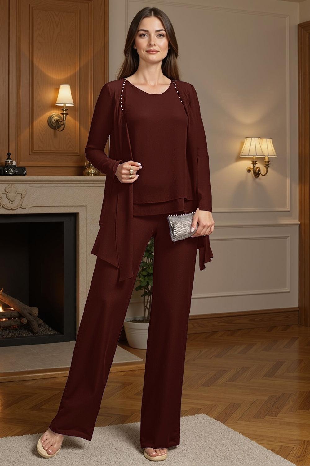 Dreamyannie Purple Beaded Boat Neck 3 Piece Mother Of The Bride Pant Suits With Jacket
