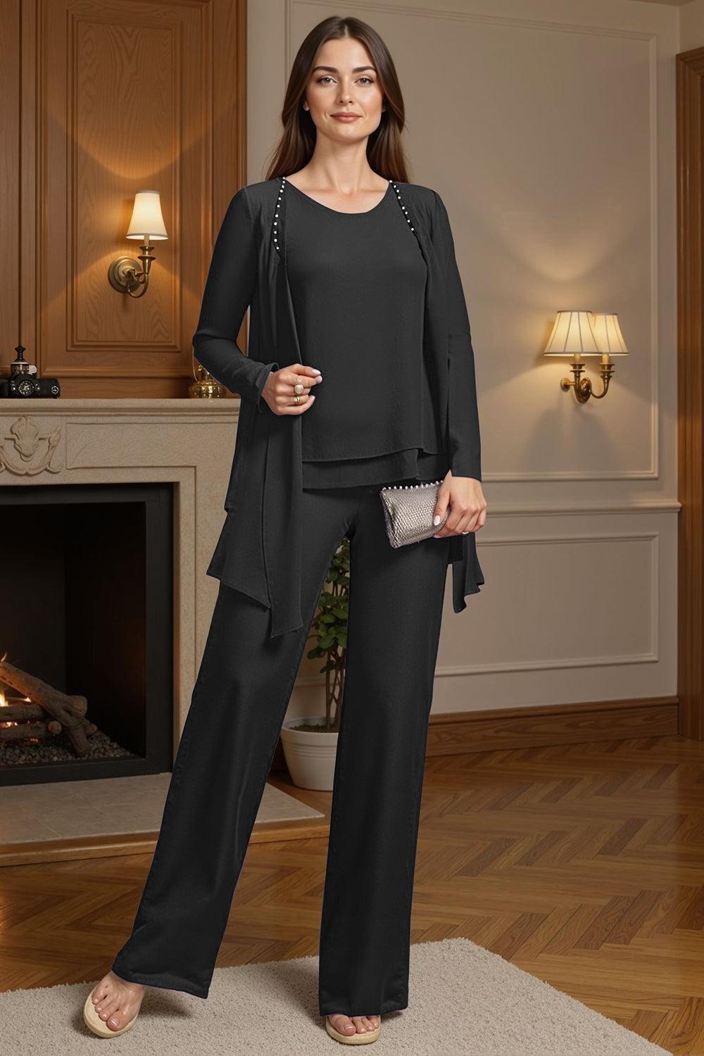 Dreamyannie Purple Beaded Boat Neck 3 Piece Mother Of The Bride Pant Suits With Jacket