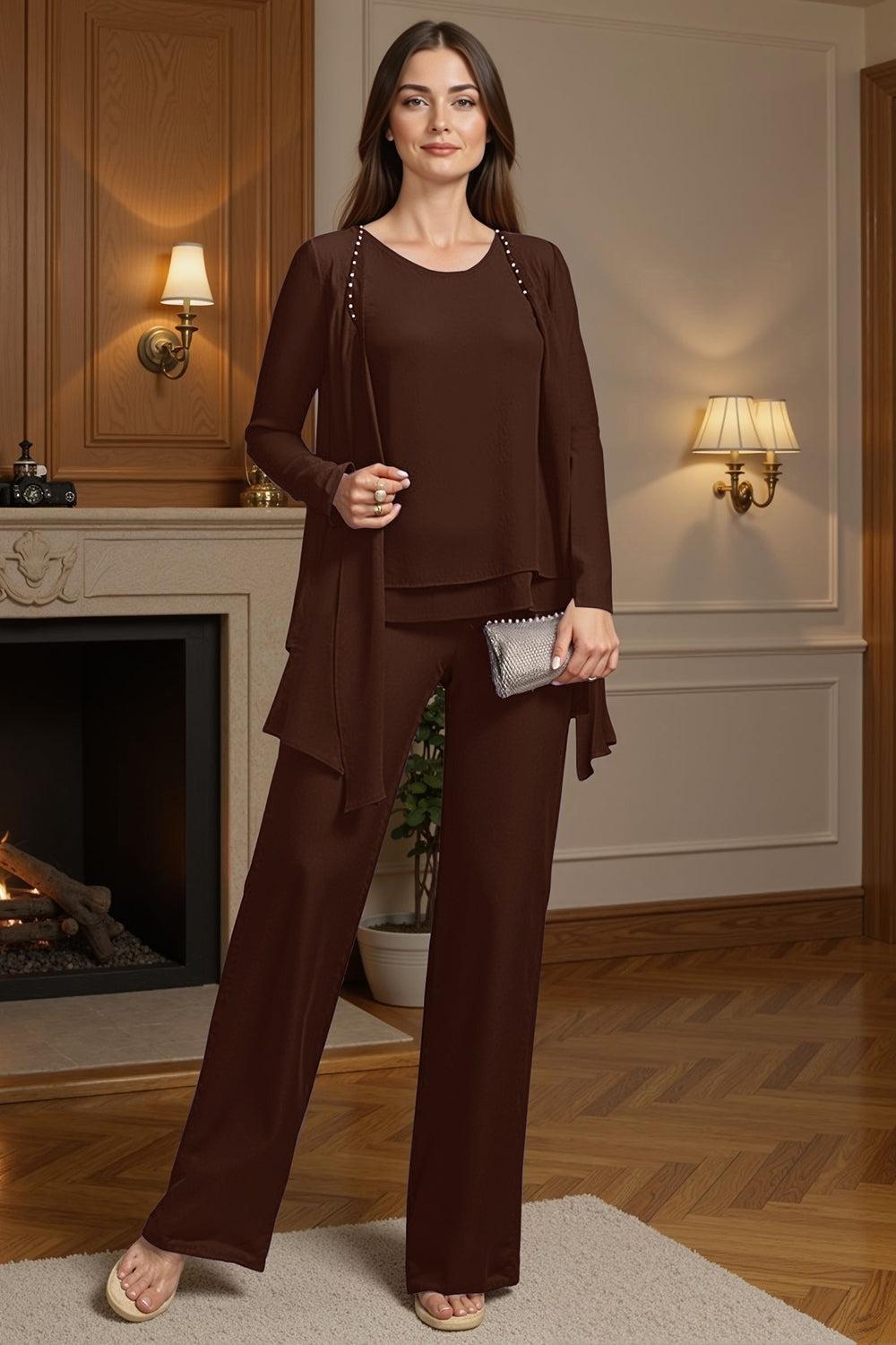 Dreamyannie Purple Beaded Boat Neck 3 Piece Mother Of The Bride Pant Suits With Jacket