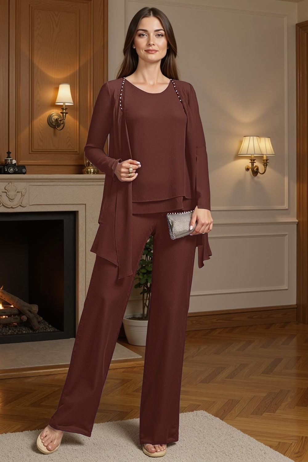 Dreamyannie Purple Beaded Boat Neck 3 Piece Mother Of The Bride Pant Suits With Jacket