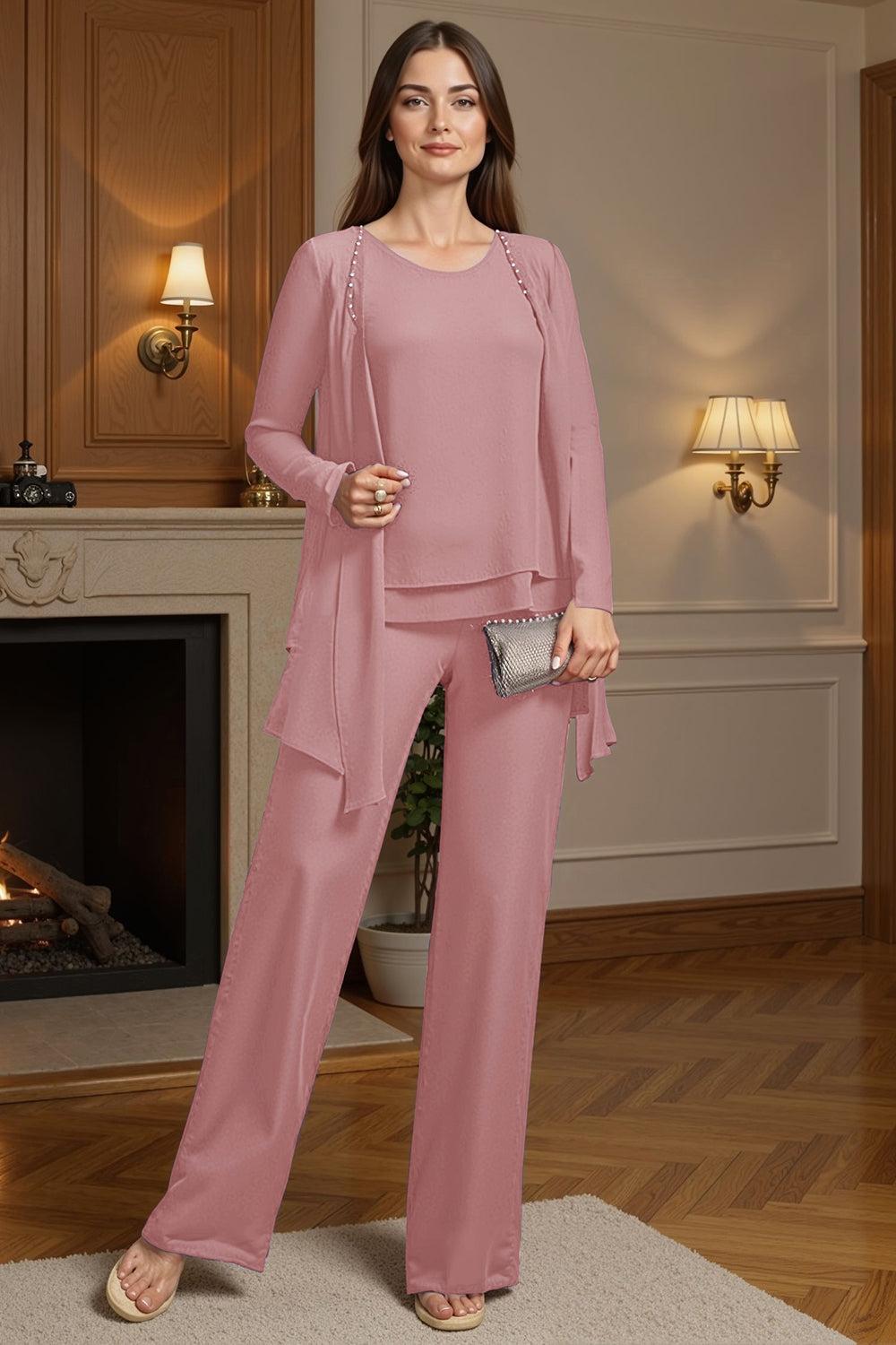 Dreamyannie Purple Beaded Boat Neck 3 Piece Mother Of The Bride Pant Suits With Jacket