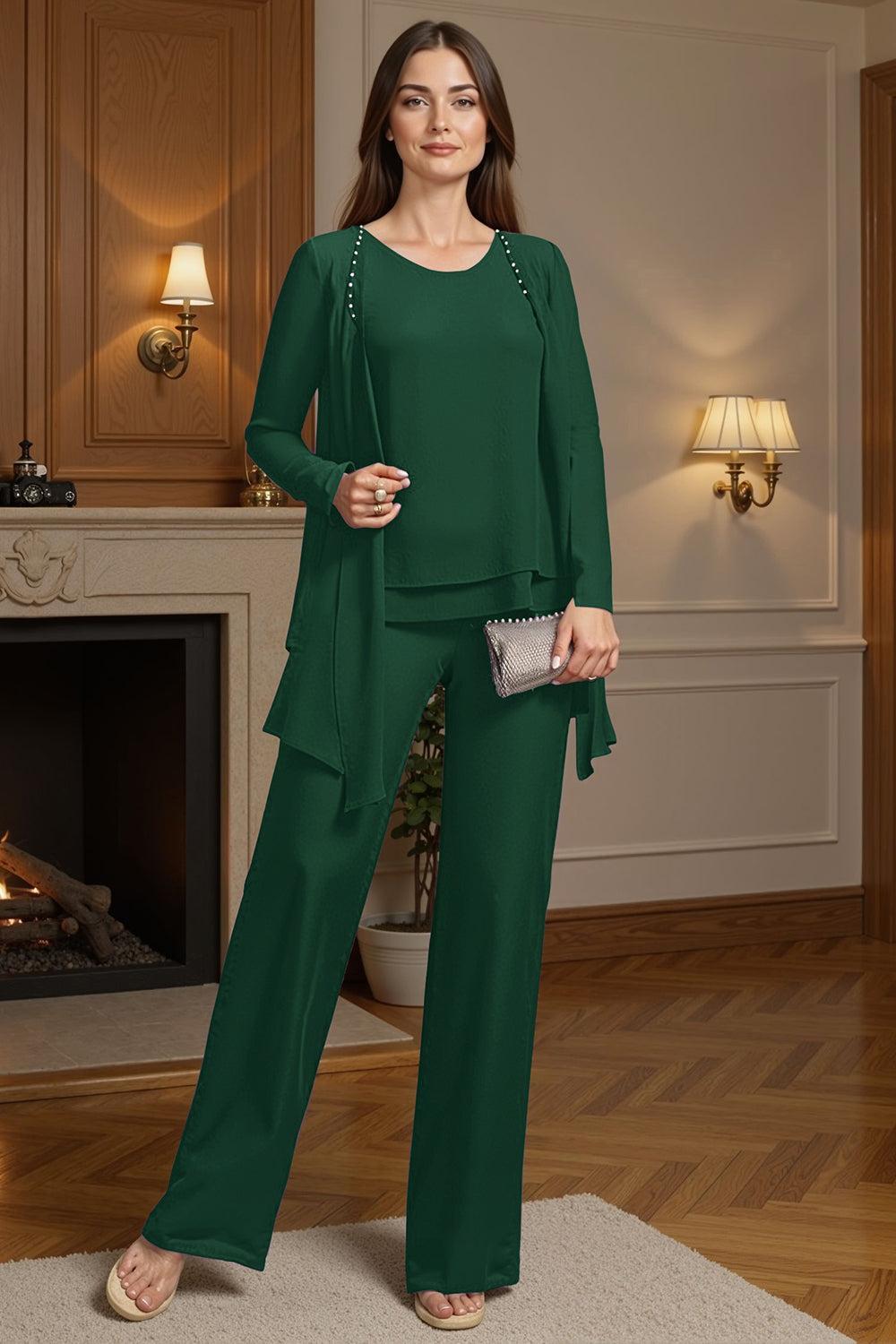 Dreamyannie Purple Beaded Boat Neck 3 Piece Mother Of The Bride Pant Suits With Jacket